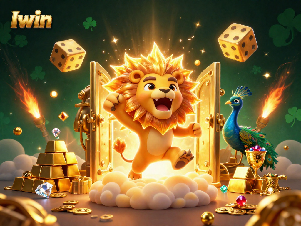 Iwin illuminates a vibrant casino scene with a roaring sun lion and golden treasures.
