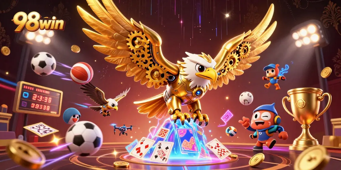 Win big with 98win as the golden eagle dives through holographic cards in a dynamic casino scene.