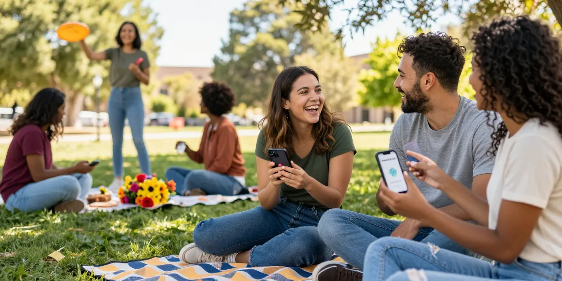 Exciting outdoor dating scene showcasing singles connecting through the HundRoses app in a lively park.