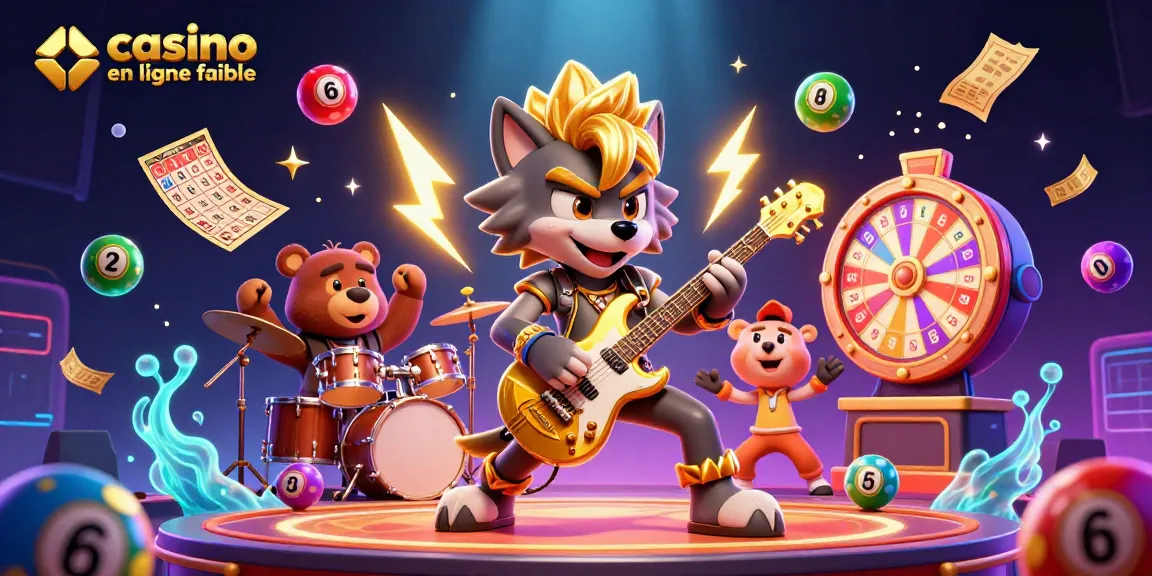 Illustration d'une scène dynamique avec un loup rock star et un ours batteur, promouvant un casino en ligne fiable.