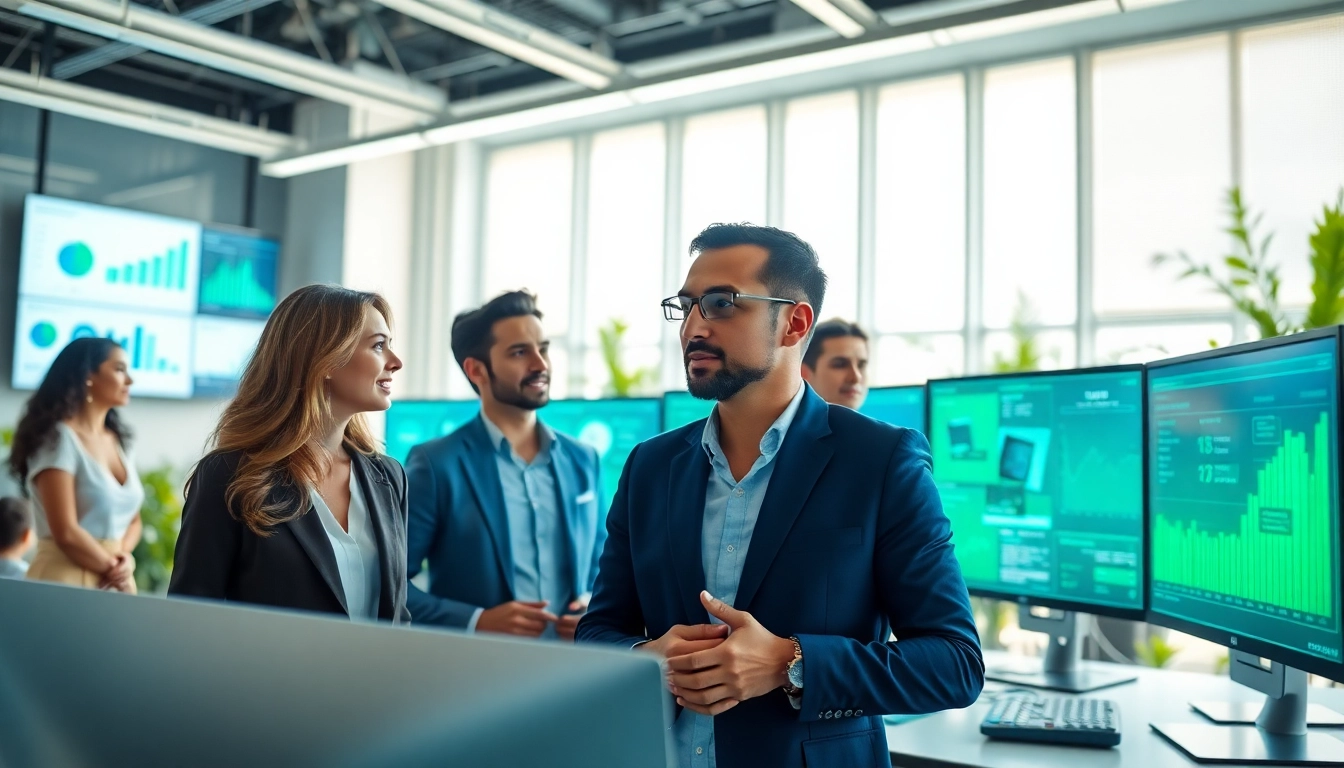 AI agents collaborating in a modern workspace showcasing innovative technology.