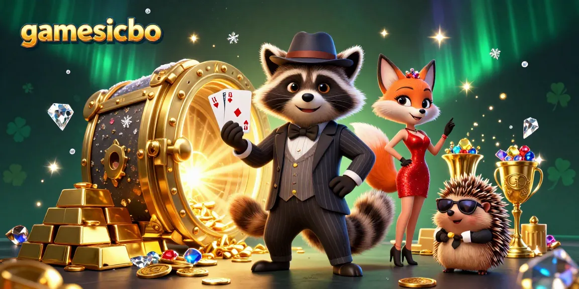 Experience gamesicbo with a suave raccoon, a charming fox, and a bouncer amidst gold treasures.