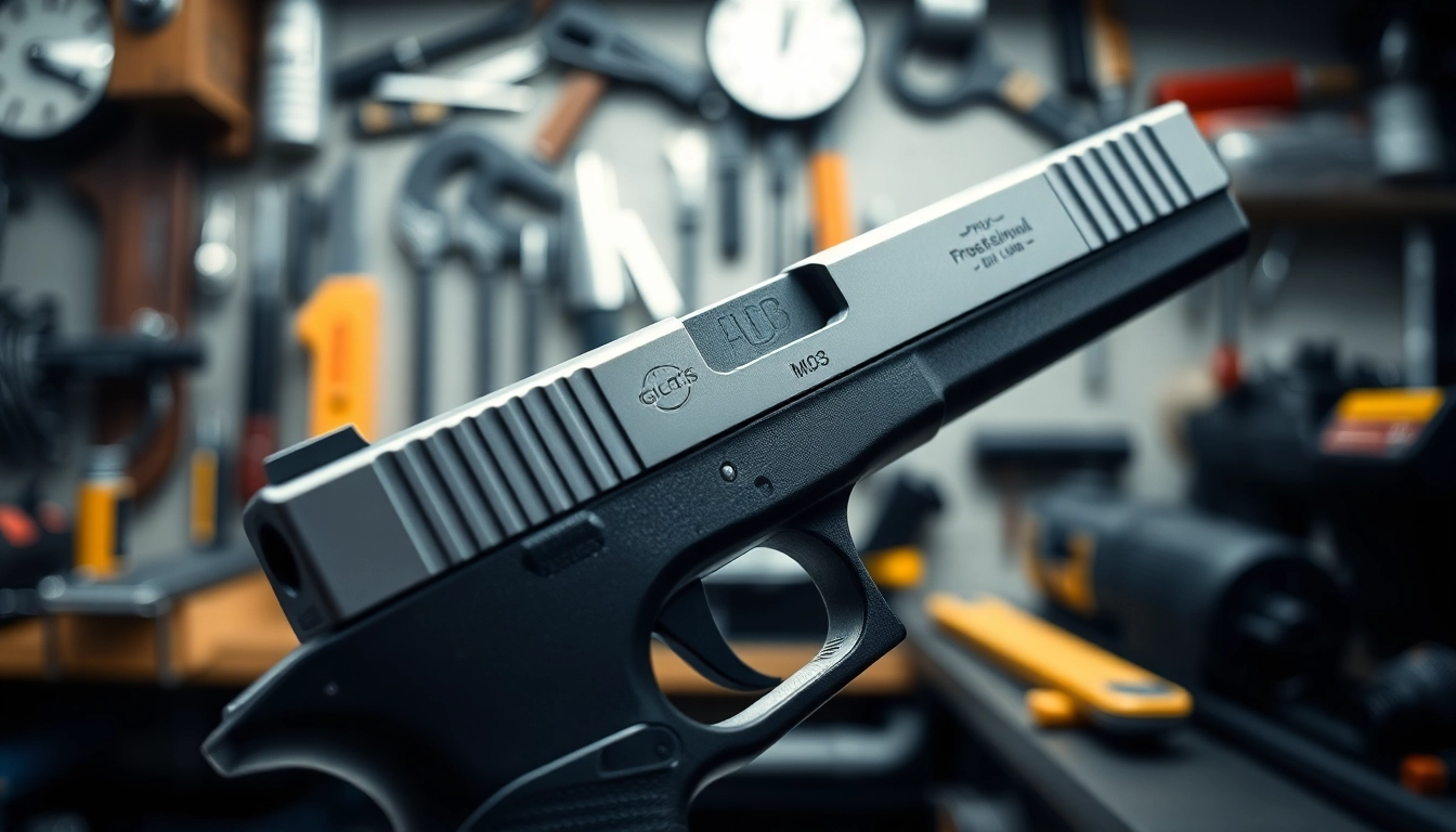 Showcase Glock 43 slide mos with detailed craftsmanship in a workshop setting