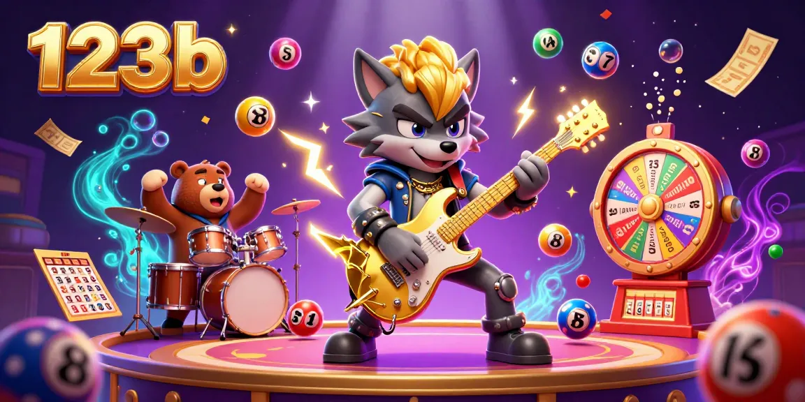 Unleash excitement at 123b with a vibrant casino scene illustrating a rock star wolf and a drummer bear.