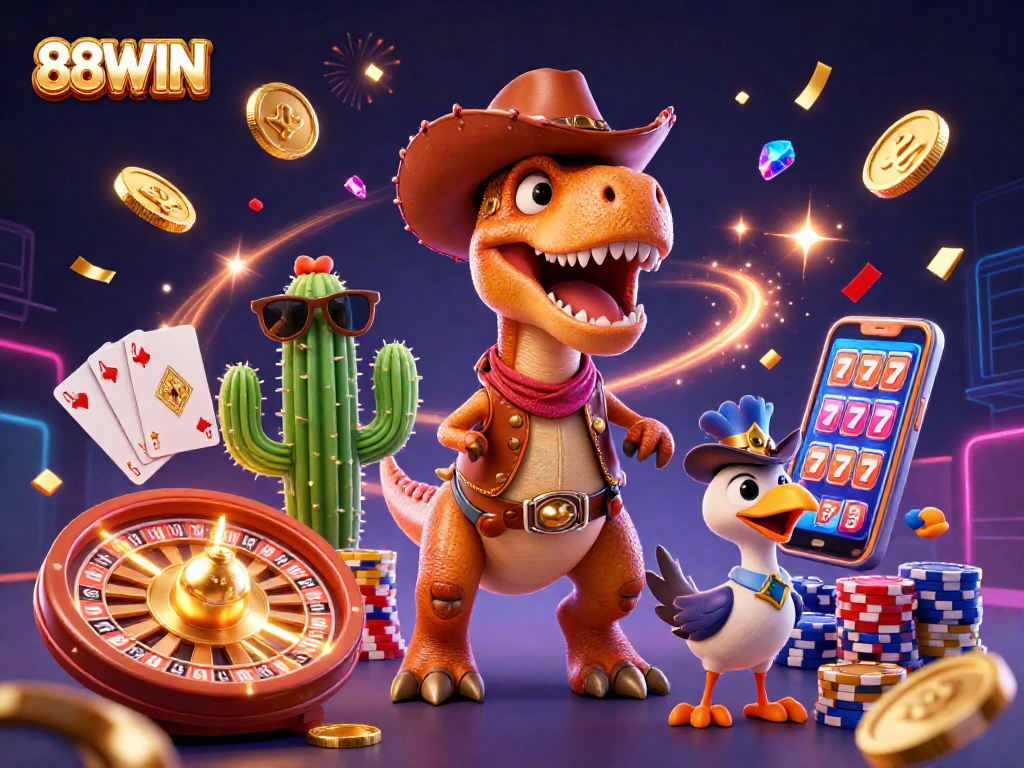88WIN players winning big at an exciting casino scene with coins, gems, and gaming elements.