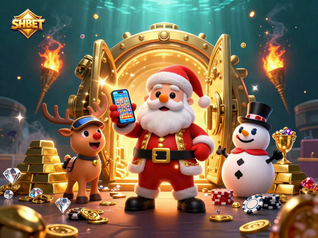 Experience thrilling slots with SHBET; festive Santa and friends celebrate big wins!