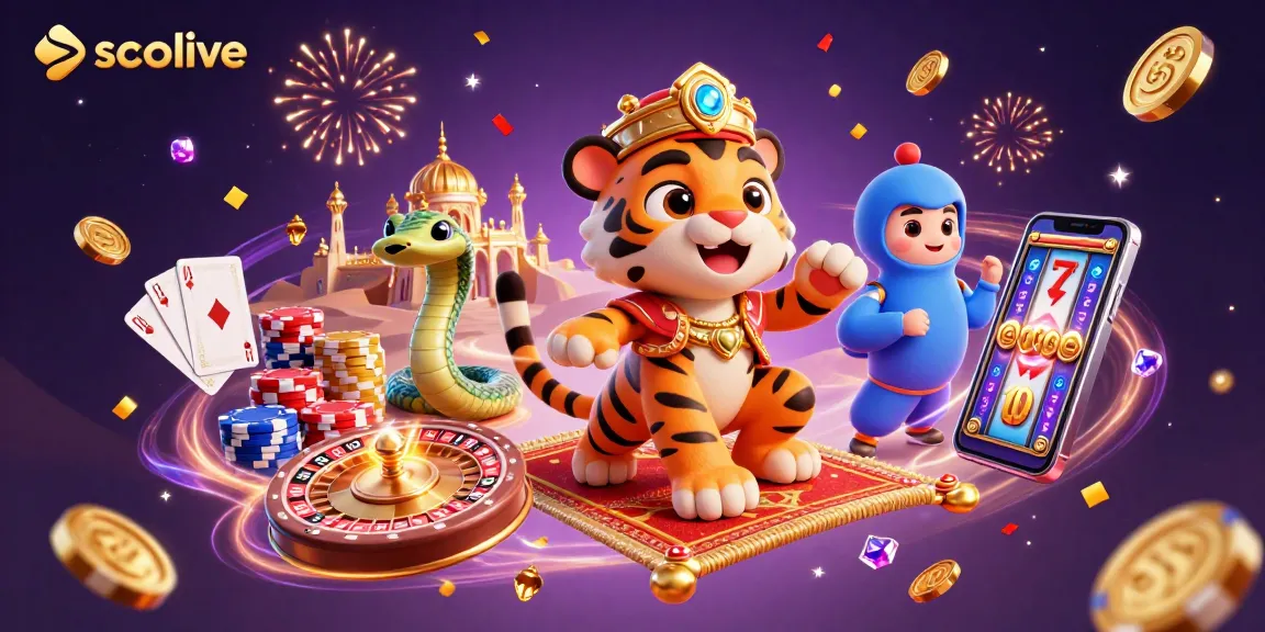 Socolive offers thrilling sports betting excitement with a tiger sultan on a poker chip carpet amidst dazzling casino elements.