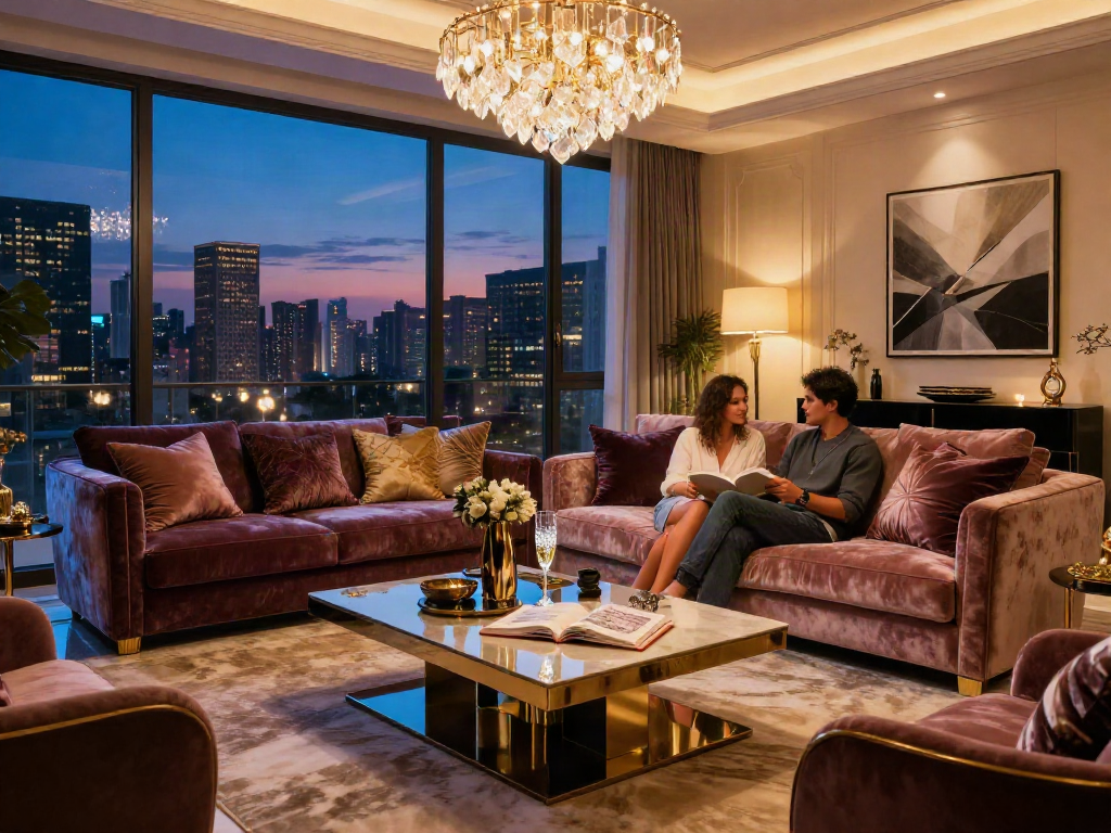 Gaya hidup mewah luxury111 di ruang tamu elegan dengan pasangan yang menikmati malam.