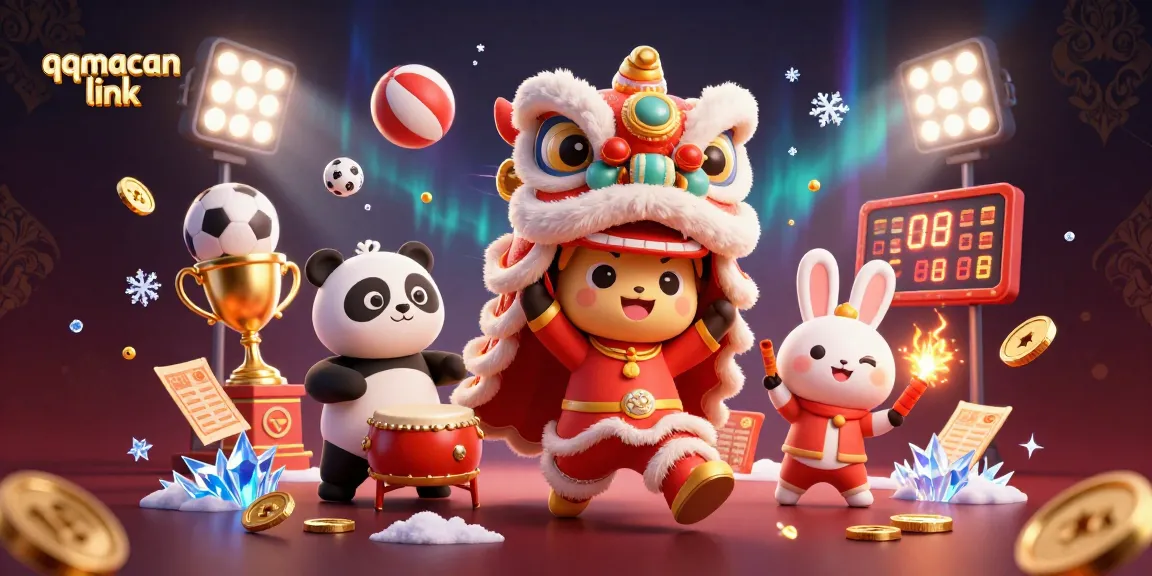 Engage with the qqmacan link through this vibrant 3D illustration featuring a lion dance and interactive sports elements.