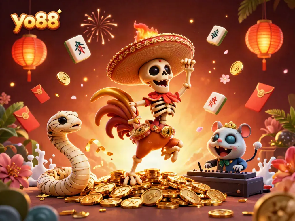 Gain excitement at yo88 with a skeleton rooster and friends celebrating over golden coins and festive elements.