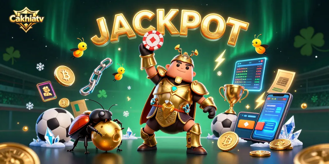 Cakhiatv showcases a victorious beetle lifting a poker chip, surrounded by sports elements and crypto coins.
