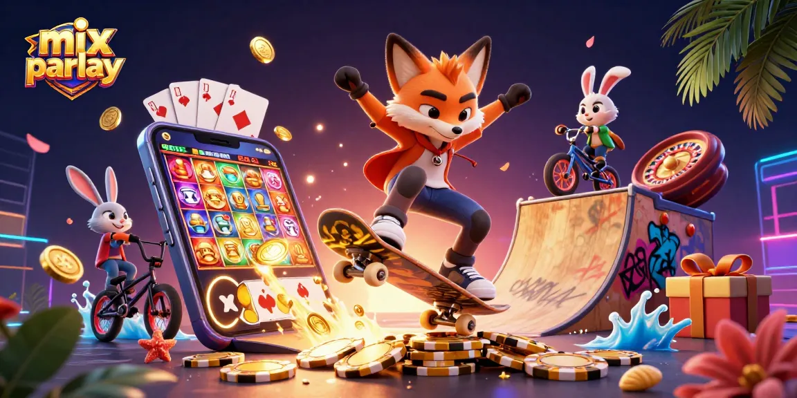 Mainkan mix parlay dengan kerangka permainan yang penuh warna dan karakter unik di latar belakang kasino.