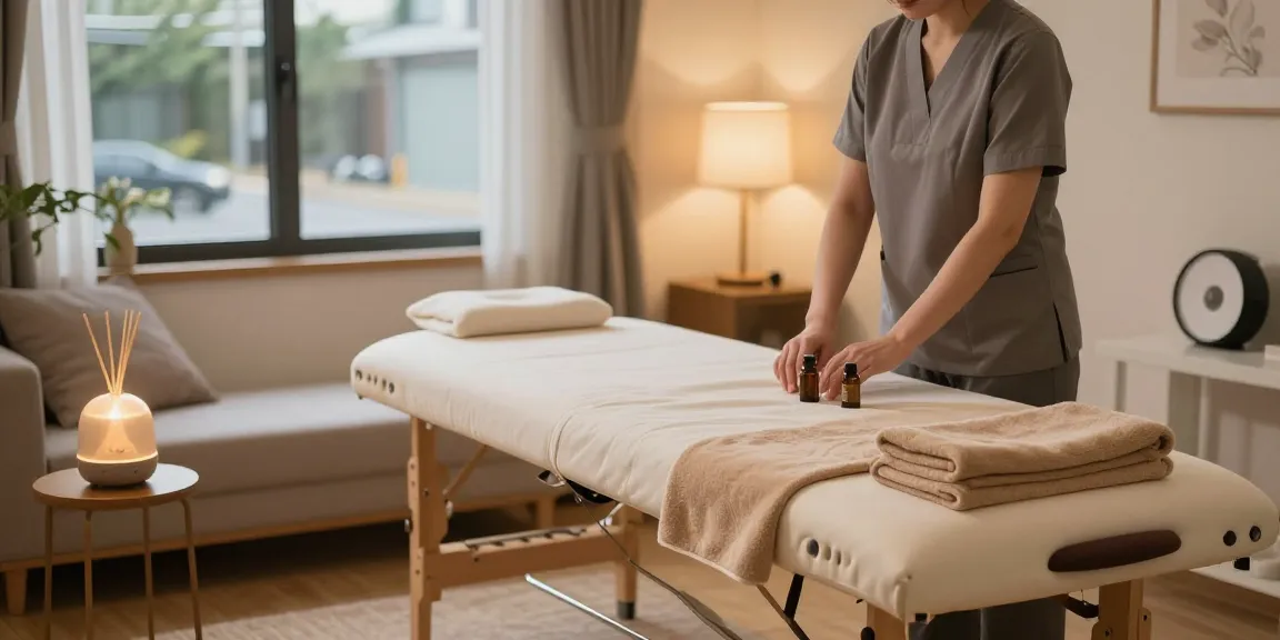 송파출장마사지 service setup in a cozy living room with massage table and essential oils.