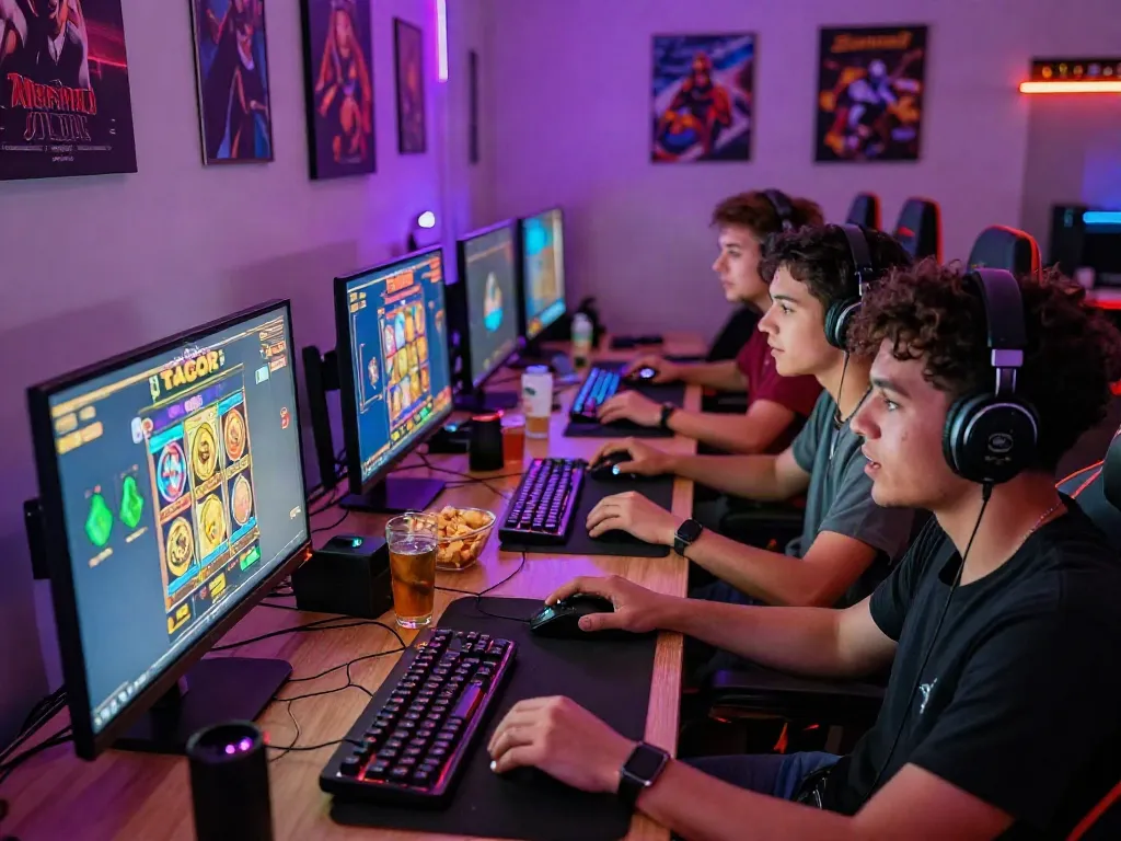 Group playing slot gacor online games in a vibrant gaming room.