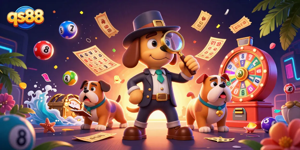 qs88 showcases a thrilling scene with characters examining poker chips amidst vibrant lottery elements.