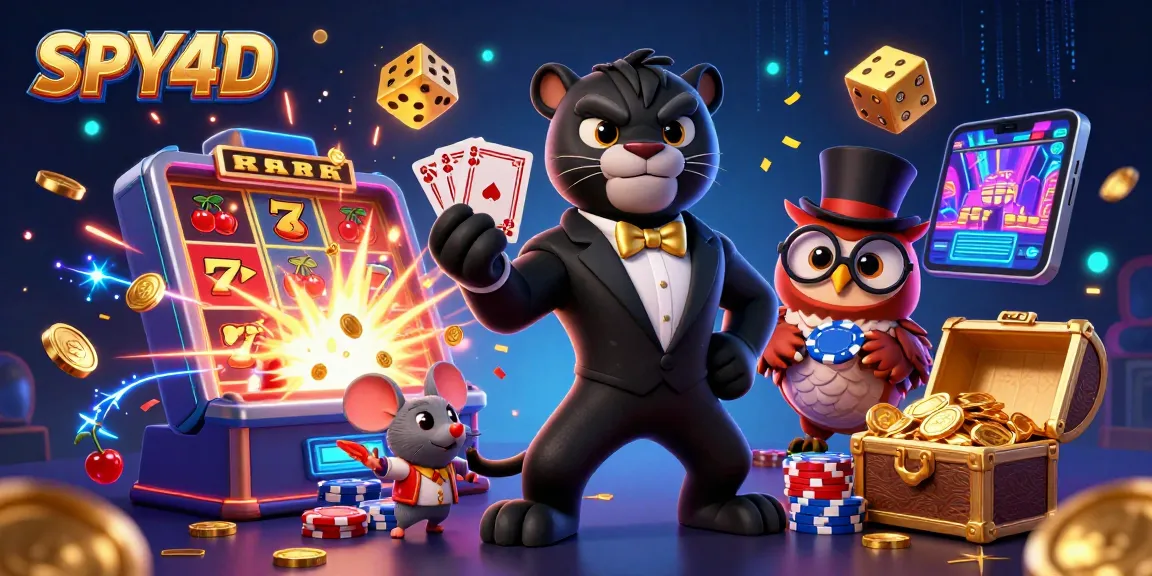 SPY4D hadir dengan permainan menarik, menunjukkan panther elegan yang membagikan kartu di latar kasino yang penuh warna.