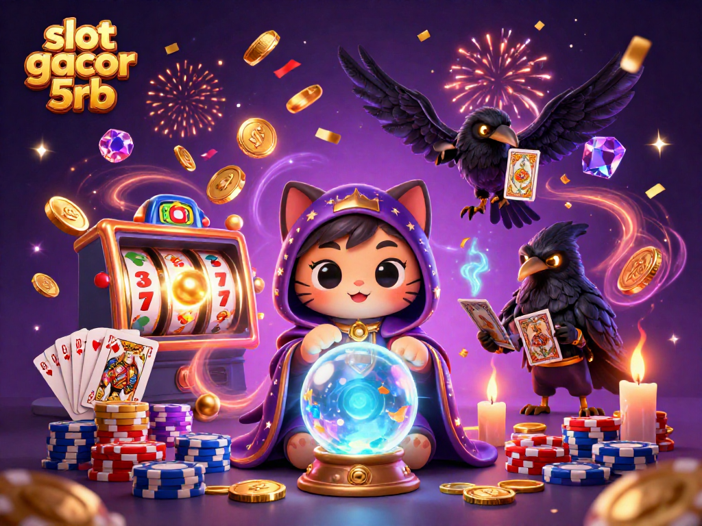 Engage with slot gacor 5rb amidst vibrant 3D casino action featuring mystical cats and glowing coins.