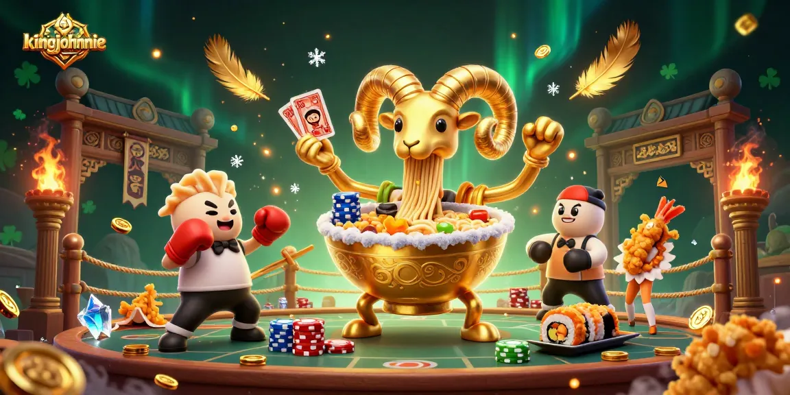 Engage in thrilling casino action with kingjohnnie as a giant ramen bowl and friends stack cards and chips.