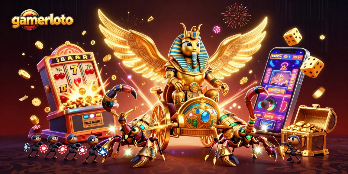 Join the adventure with gamerloto's dynamic casino scene featuring a golden scarab and rich game elements.