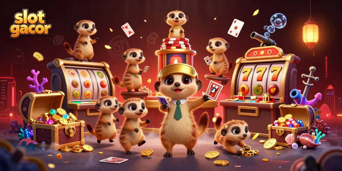 Experience excitement with slot gacor as meerkats manage a vibrant casino, featuring spinning slot reels.