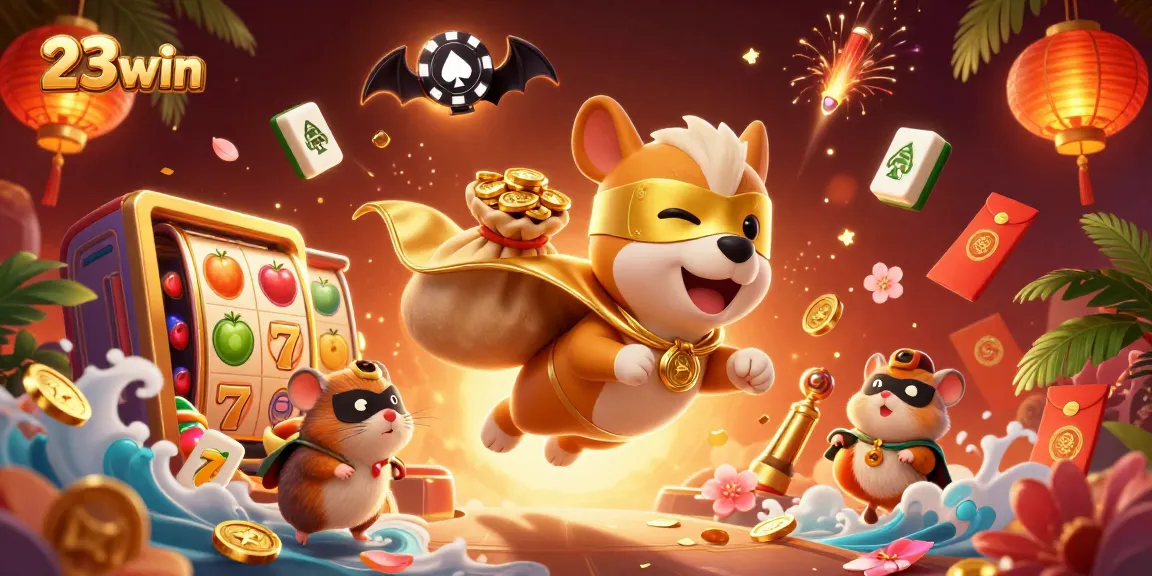 Experience the thrill with 23win as the superhero dog flies over poker chips and jackpot slots.