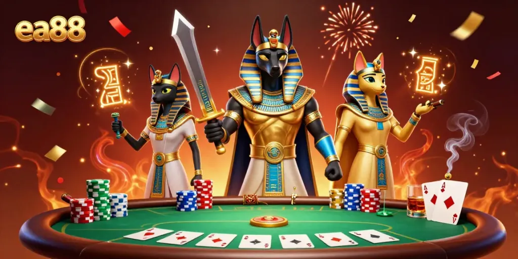 Trải nghiệm thú vị tại ea88 với Anubis, Bastet và không gian chơi bài đầy màu sắc.