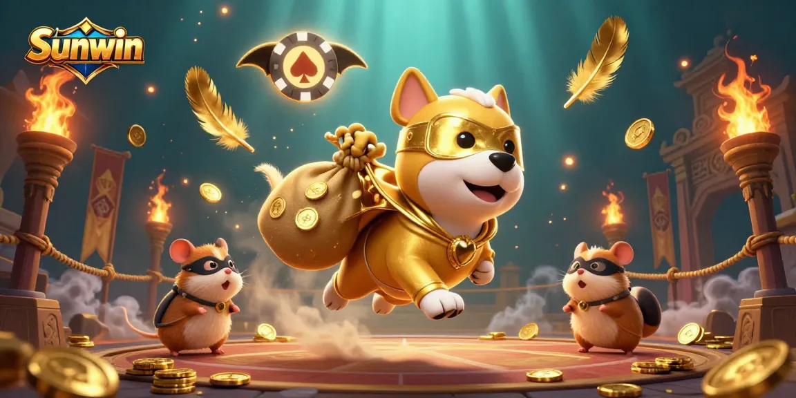 Experience the thrill of Sunwin with dynamic gaming action featuring a superhero dog and hamster.