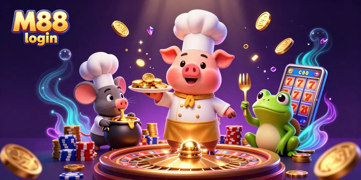 M88 login showcases fun gambling excitement with lively characters and lavish casino elements.