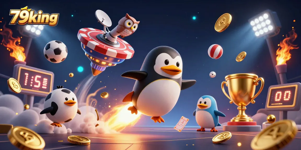 Engage with 79king's thrilling adventure as a golden penguin navigates a vibrant casino space!