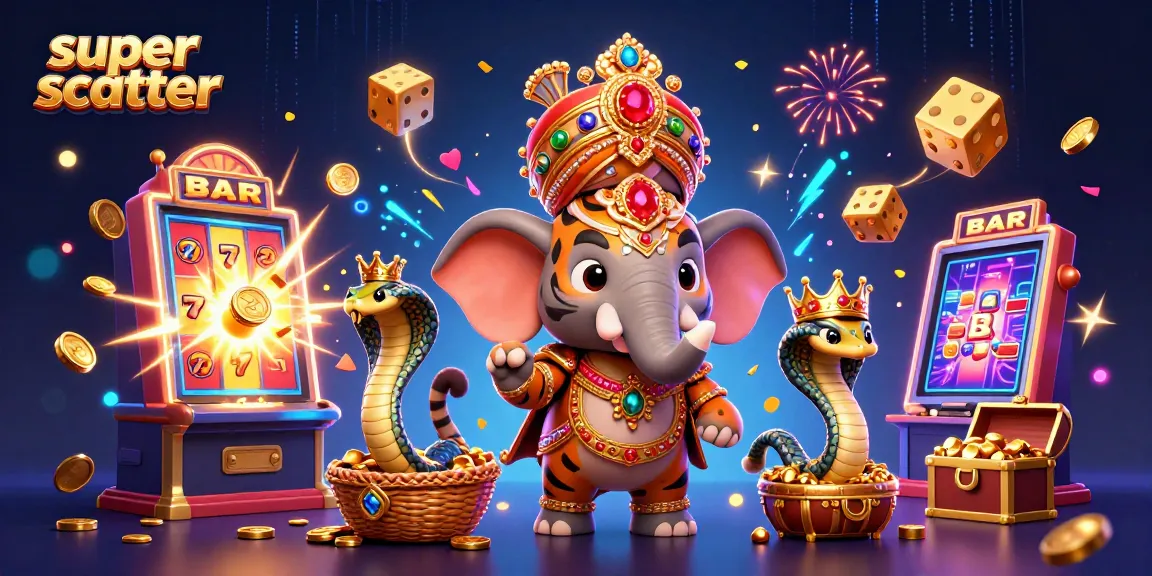 Experience super scatter wins in a vibrant casino scene featuring a maharaja tiger and riches.