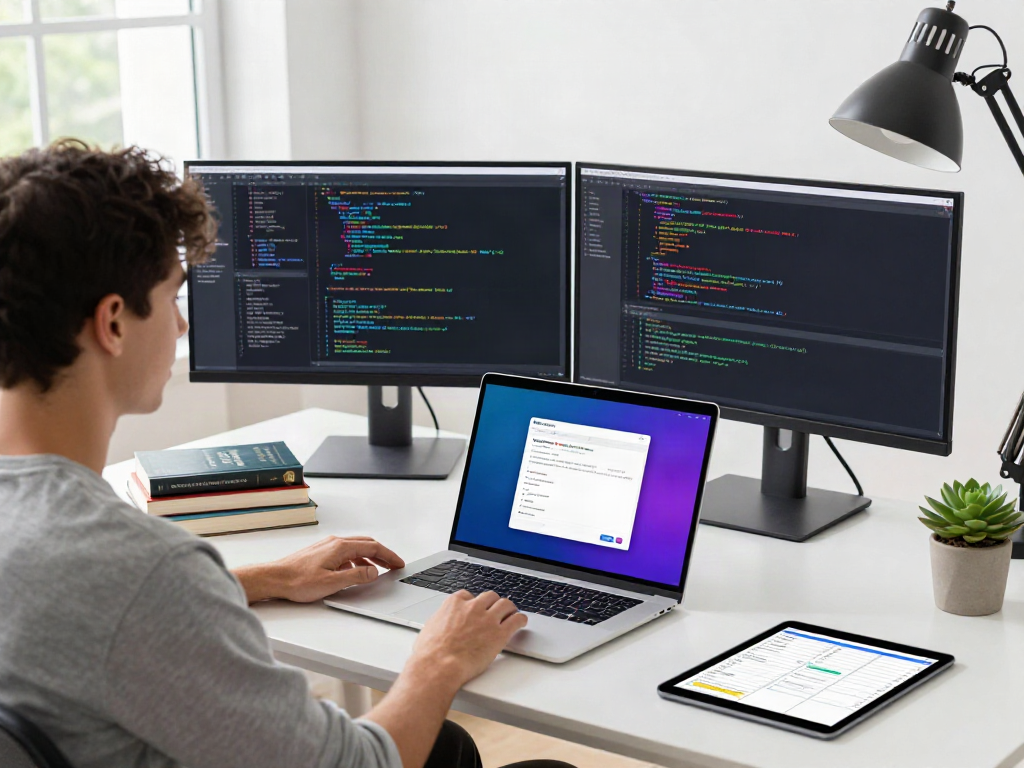 Download Pikashow Apk displayed on a sleek laptop in a vibrant tech workspace with multiple monitors and coding elements.