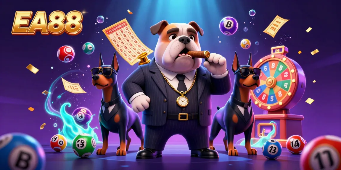 EA88 promotes excitement in casino gaming with a mafia boss bulldog and vibrant lottery elements.