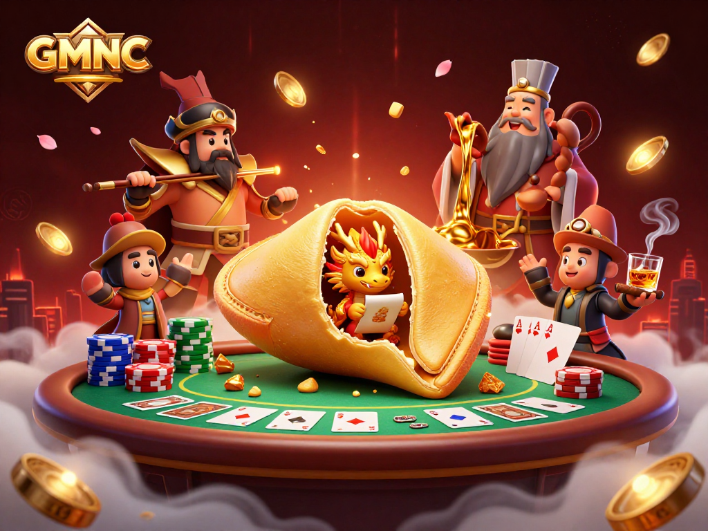 GMNC challenges luck with a vibrant casino scene featuring poker chips and magical creatures.