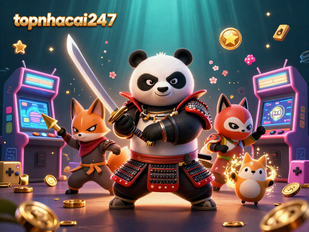 Play exciting coin games at topnhacai247 with dynamic characters and glowing arcade elements.