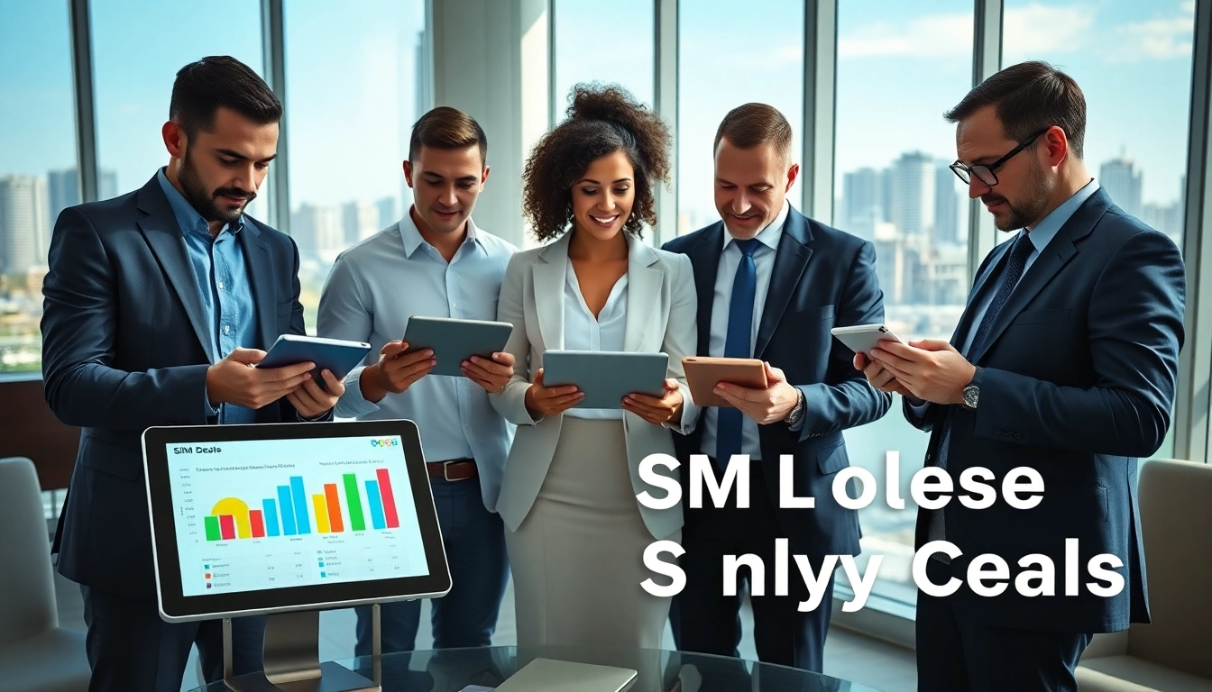 Compare business SIM only deals UK with professionals analyzing options in a modern office.