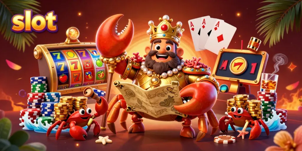 Slot mesin dengan karakter kepiting emas dan elemen kasino yang megah.