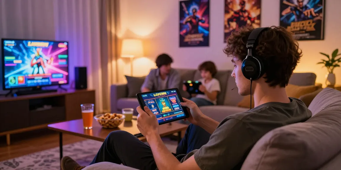 LAVOWIN online gaming experience with a user enjoying mobile slots in a cozy living room.
