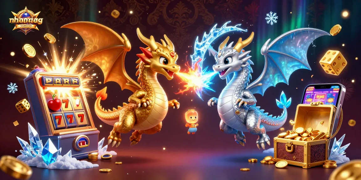 Experience the excitement of nhanquagamebai with dynamic dragons and winning slots in a vibrant illustration.