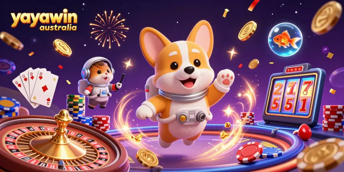 Experience adventure at yayawin australia, floating with a corgi in a casino galaxy, surrounded by riches.
