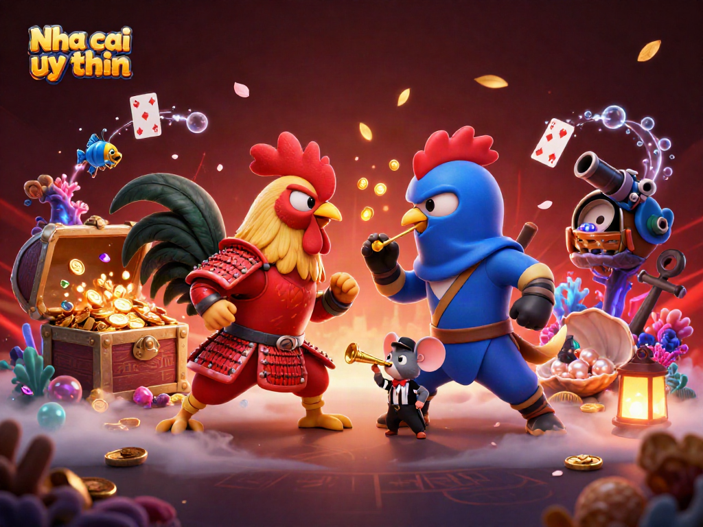 Nha cai uy tin highlights dynamic rooster duel blending tradition and online gambling thrills, showcasing vibrant casino elements.