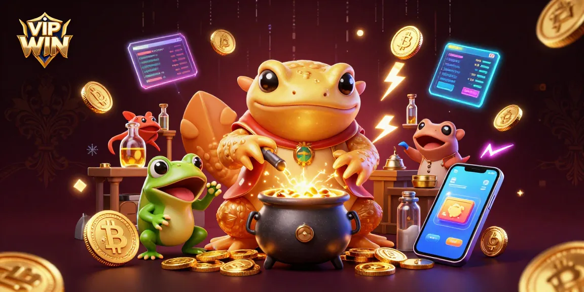 VIPWIN showcases a lively scene of an alchemist, frog apprentice, and newts transmuting coins, embodying the excitement of online gambling.