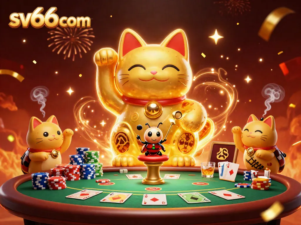 Experience thrilling fun at sv66 com with golden lucky cat surrounded by poker chips and cards.