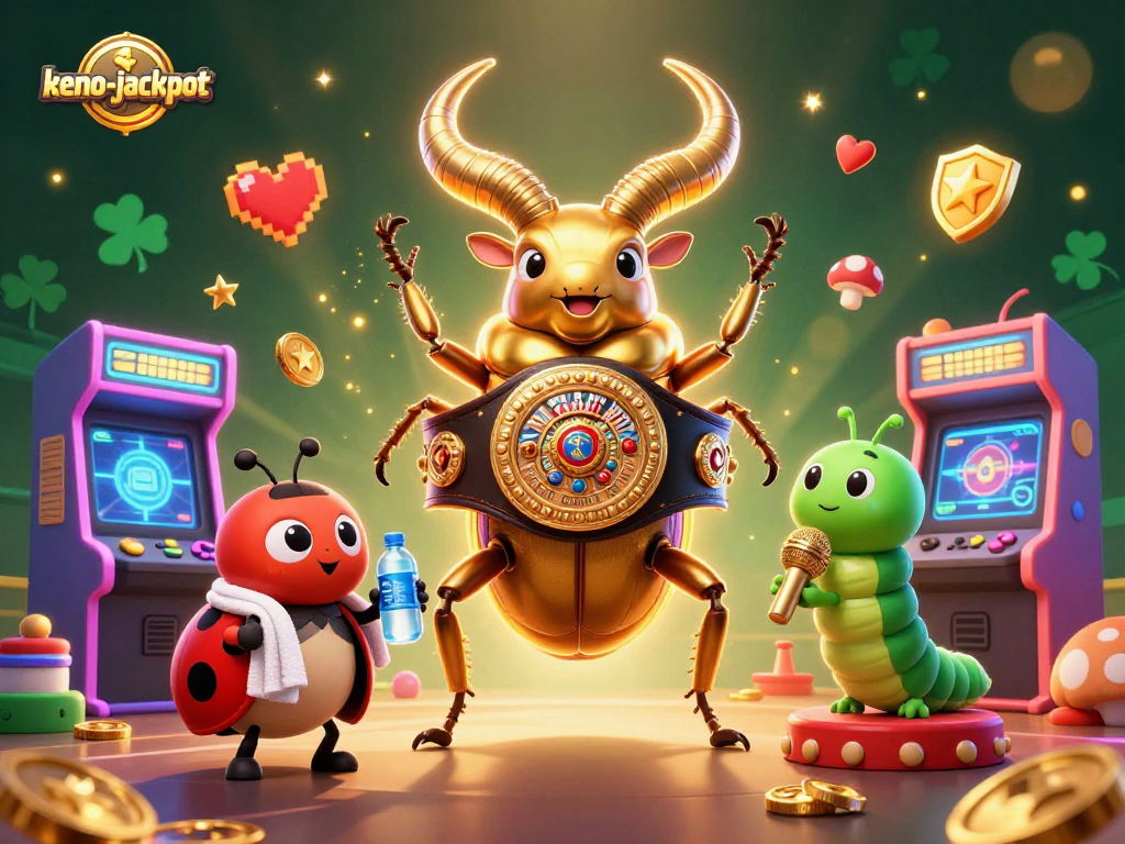 Experience the thrill of keno-jackpot with vibrant characters and arcade elements in this dynamic illustration.