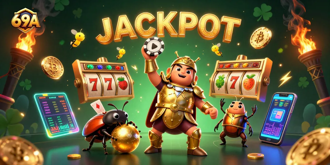 Jackpot do 69A apresentado por besouro hercúleo em armadura, celebrando a vitória em cassino.