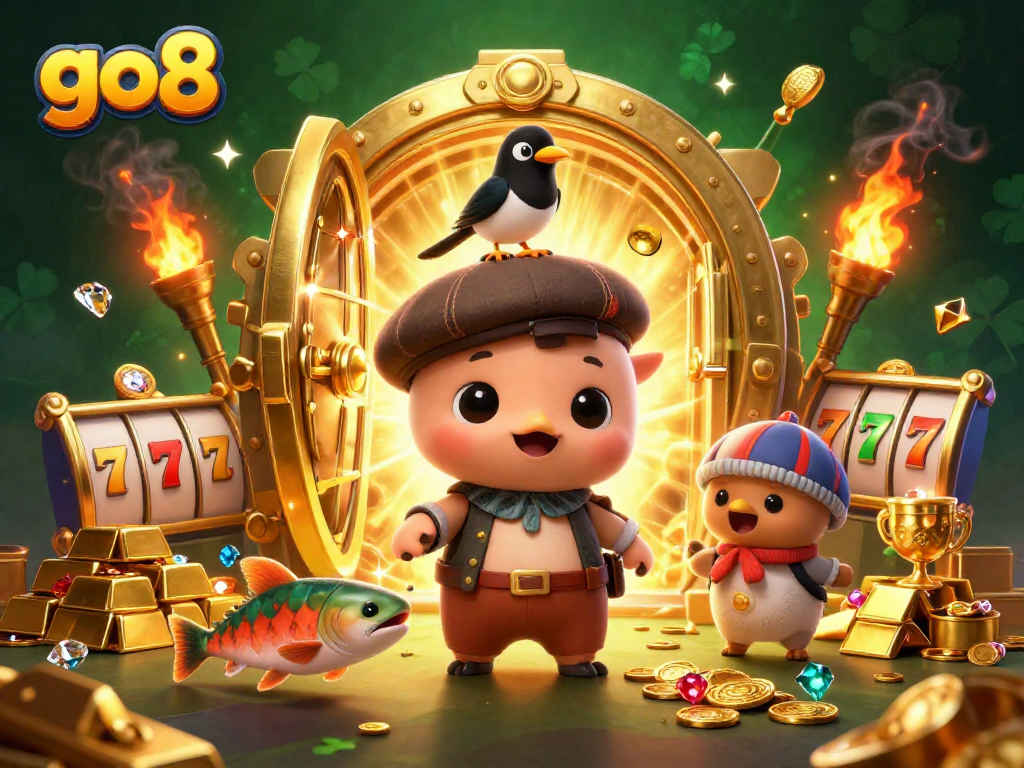 Experience thrilling gaming action with go8's vibrant cartoon scene featuring lucky game elements.