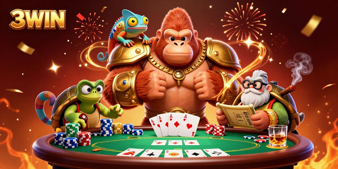 Engage with 3WIN's vibrant casino adventure featuring gorilla king, chameleon, and tortoise elements.
