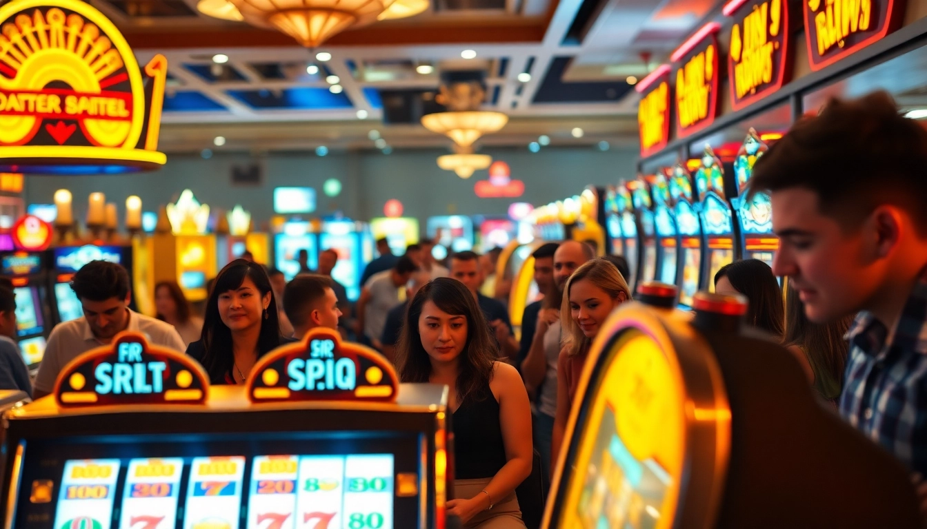 Engaged players enjoying slot gambling at vibrant casino slot machines.