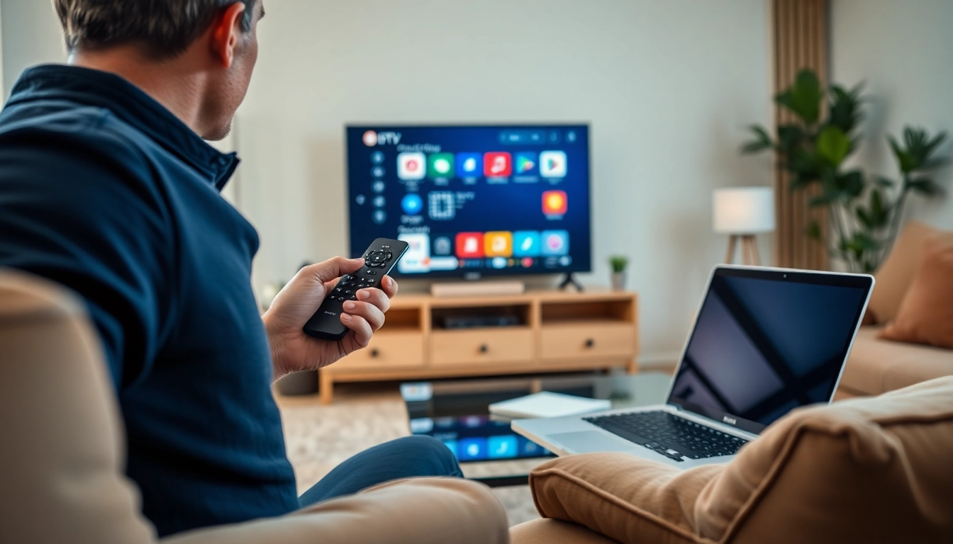User exploring options on IPTV free trial with remote and smart TV in a cozy living room.