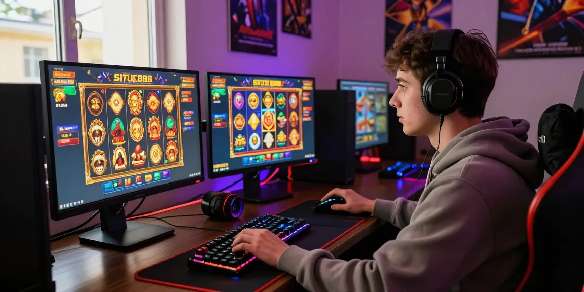 Engaging player enjoying situs 888 slot game on a modern gaming setup with vibrant Zeus graphics.