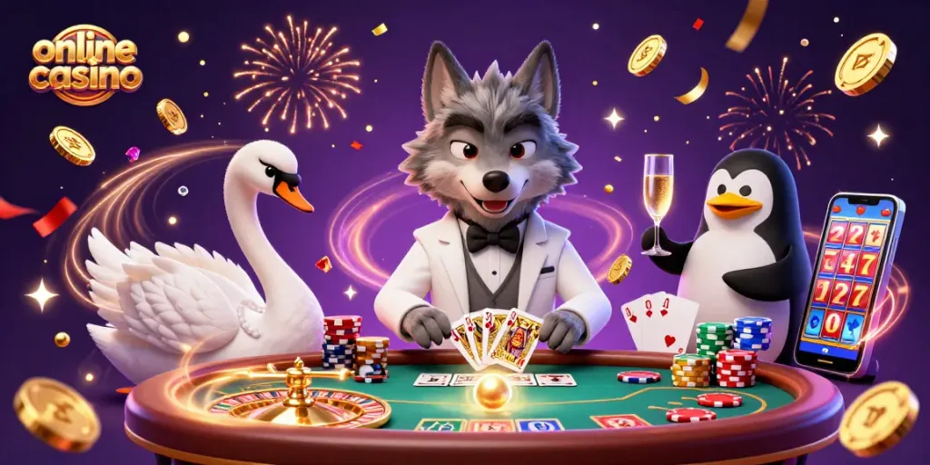 Engaging scene showcasing an online casino with a debonair wolf and a swan dealer playing cards.